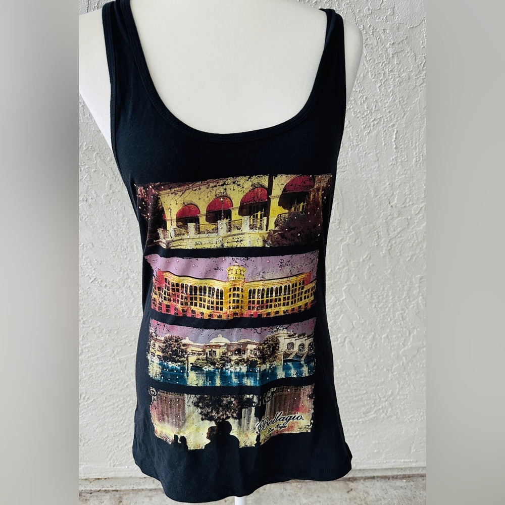 Bellagio Las Vegas Fitted Black Graphic Tank Top  Colorful Design Size XL